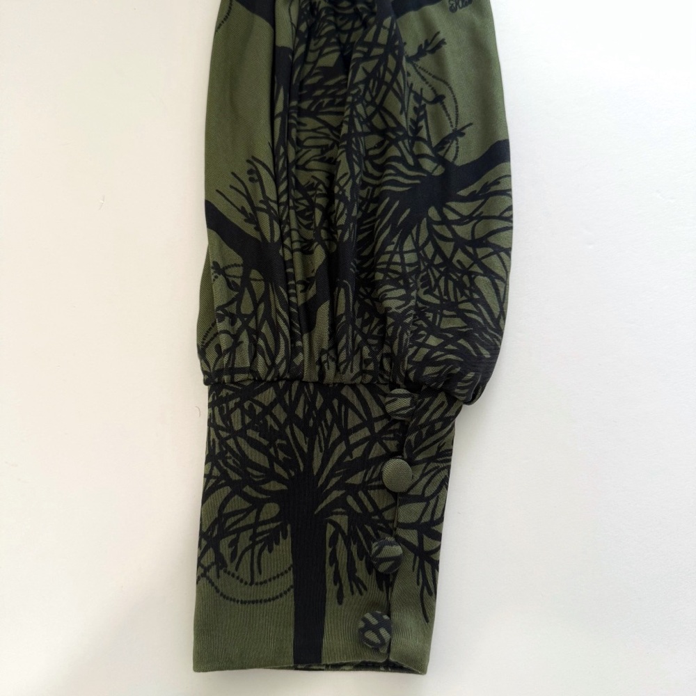 MARA HOFFMAN GREEN BLACK FOREST TREE PRINT SILK LONG SLEEVE WAIST BELT DRESS - Picture 8 of 13